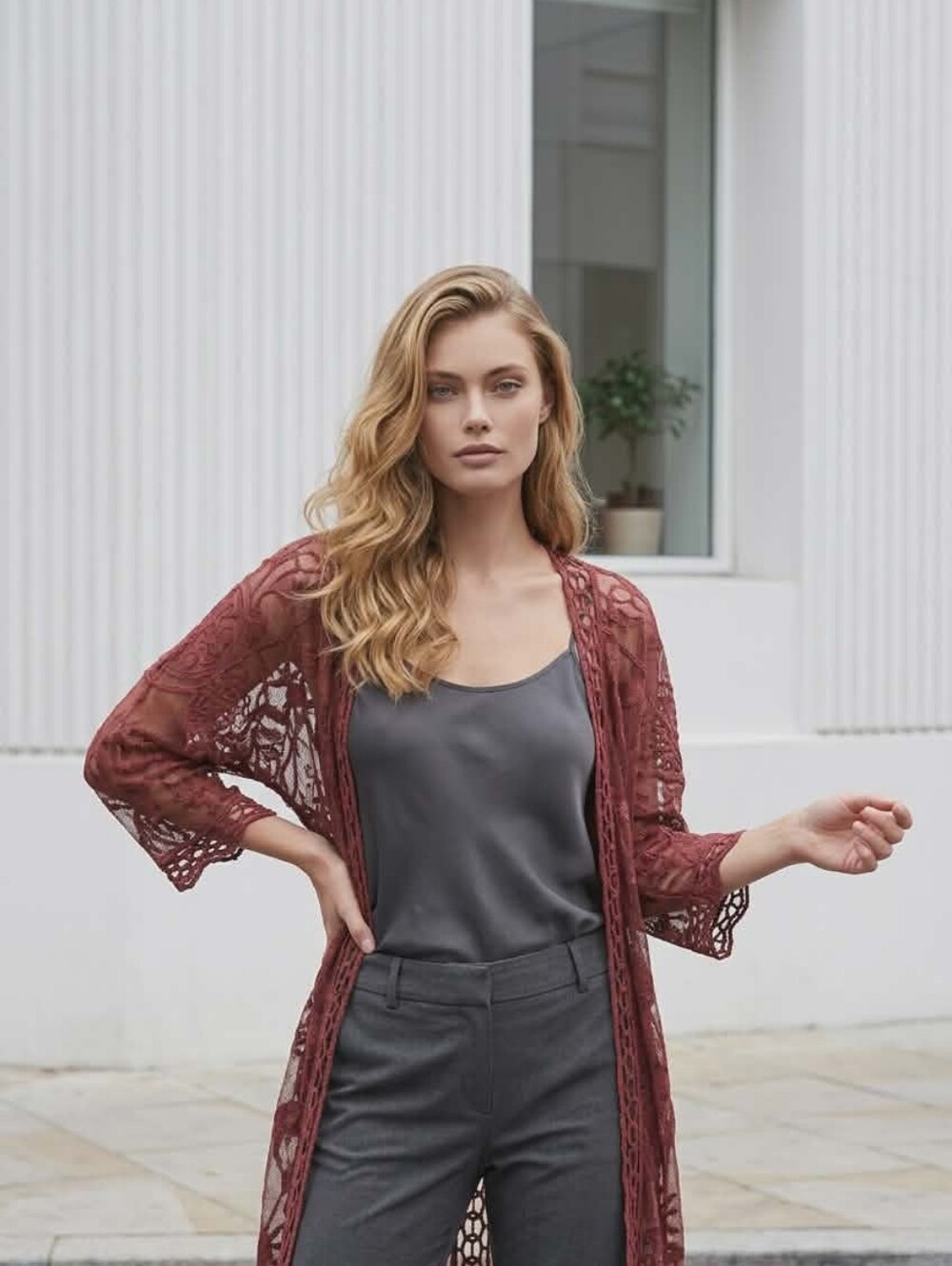 Lace Open-Front Duster in Wine Red